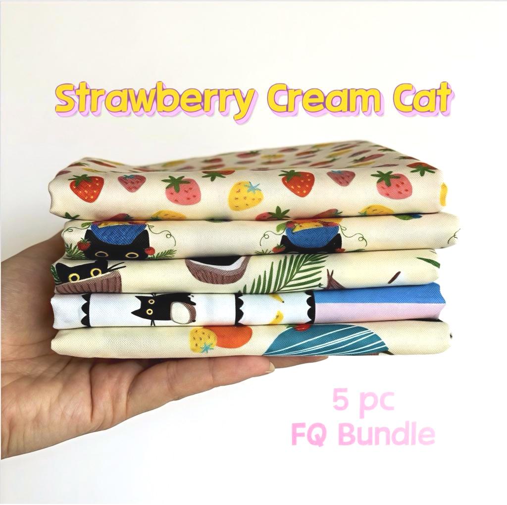 Strawberry Cream Cat Fabric Bundle – Soft Pink Cream Quilting Cotton – Cute Cat Floral Fruit Bundle – 5 Piece Set