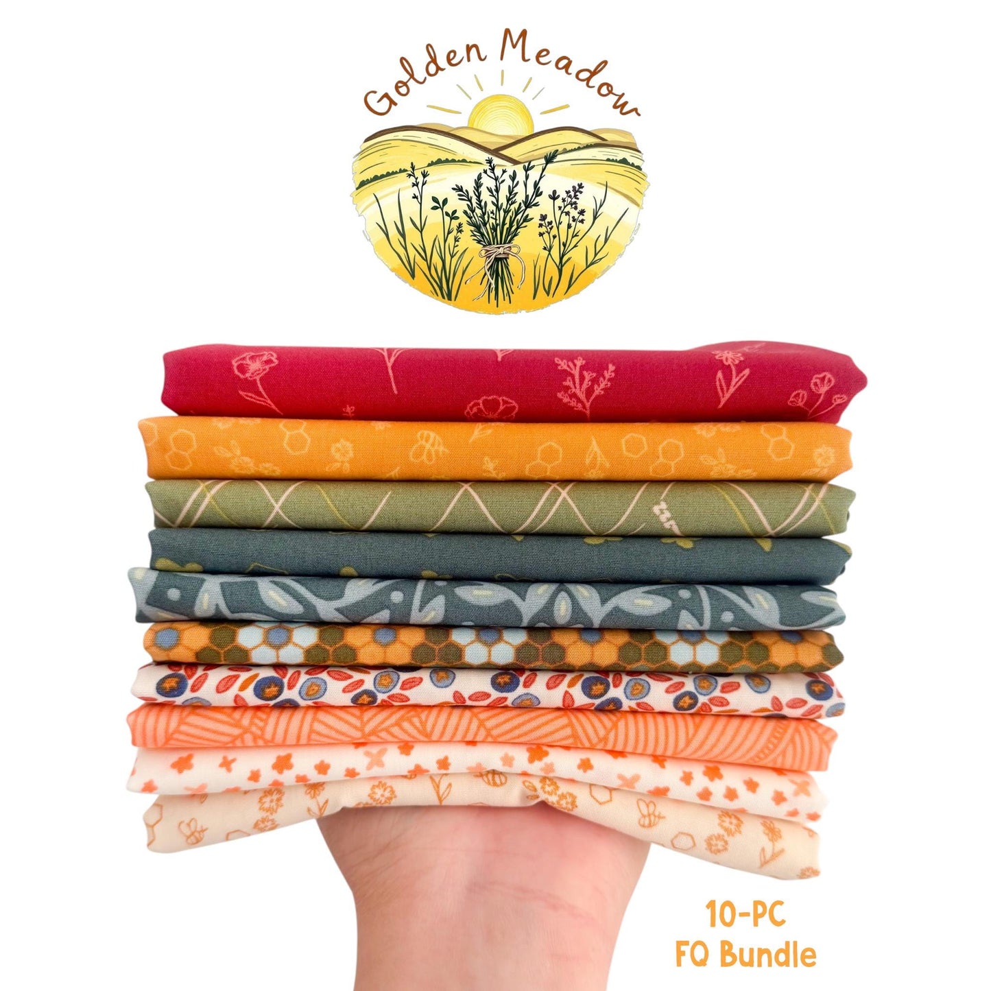 Golden Meadow Garden FQ Bundle, 10 Piece AGF Summer Homestead Fabric Bundle, Floral Quilting Cotton, Honey & Green Farmhouse Fabric Set