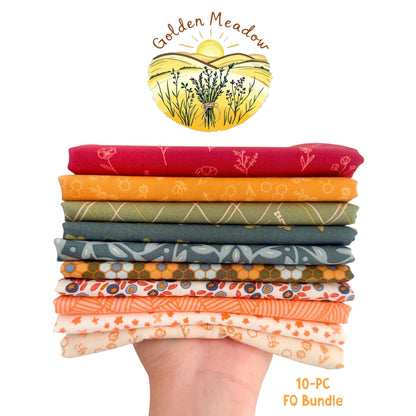 Golden Meadow Garden FQ Bundle, 10 Piece AGF Summer Homestead Fabric Bundle, Floral Quilting Cotton, Honey & Green Farmhouse Fabric Set