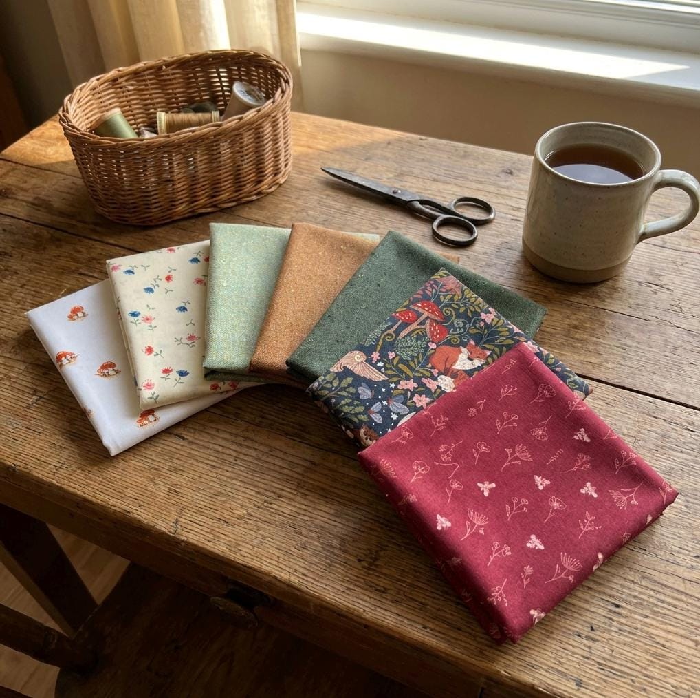 Midnight Woodland Fat Quarter/Half Yard Bundle, 7 Piece Fabric Bundle, Forest Green Red Floral Mushroom Cream Quilting Cotton Bundle