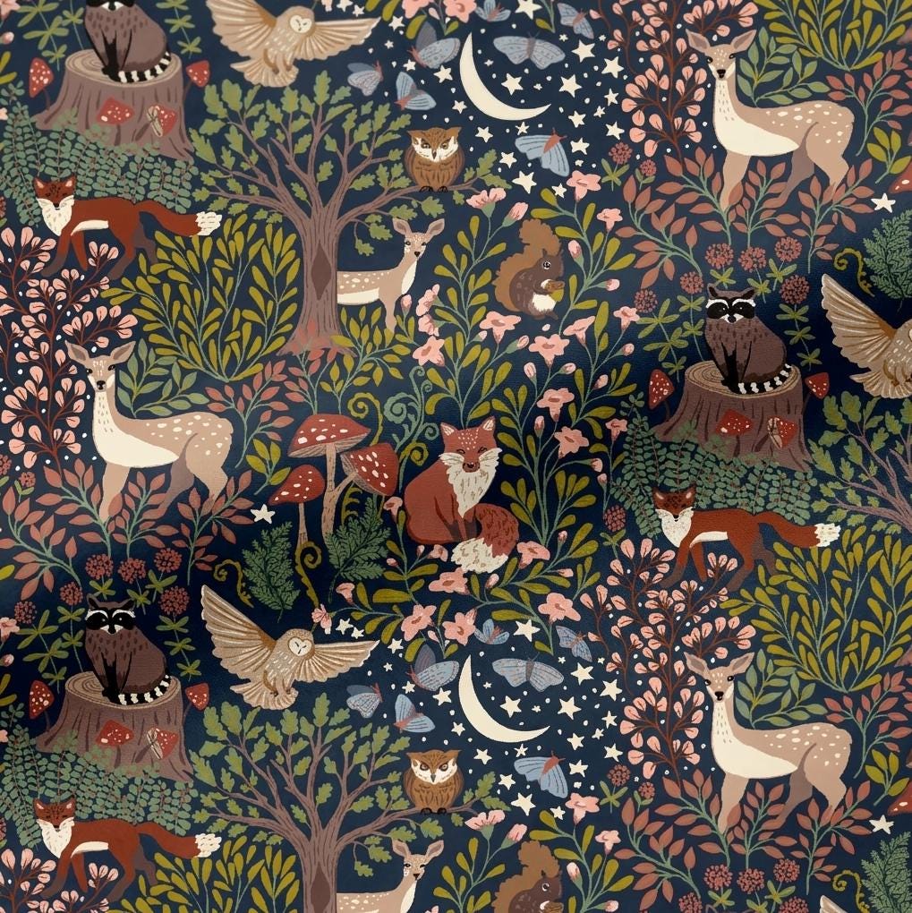Midnight Woodland Fat Quarter/Half Yard Bundle, 7 Piece Fabric Bundle, Forest Green Red Floral Mushroom Cream Quilting Cotton Bundle
