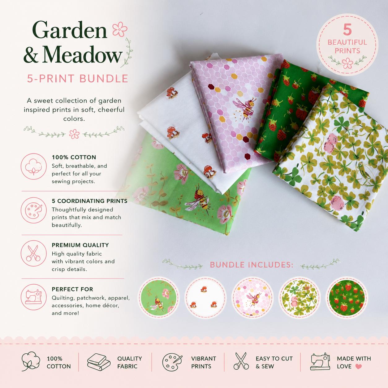 Heather Ross Garden & Meadow Fabric Bundle – Studio Edit by Windham Fabrics – Clover Strawberry Bee Mushroom Prints