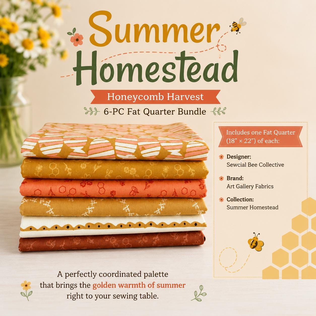 Summer Homestead Honeycomb Harvest Fabric Bundle, 6pc Fat Quarter Bundle, Sewcial Bee Collective, AGF, Honey Bee Quilt Fabric