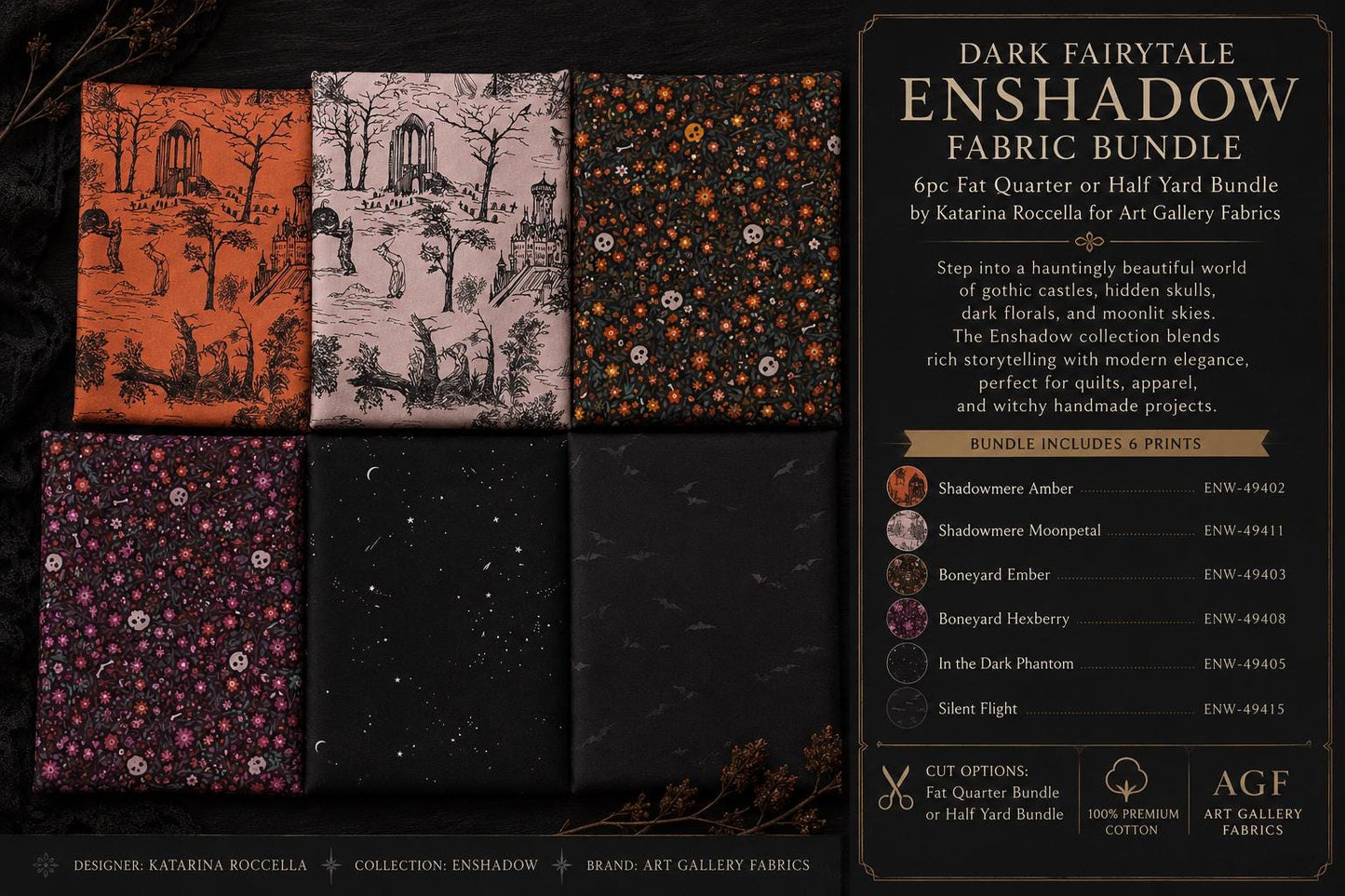 Dark Fairytale Enshadow Fabric Bundle | 6pc Fat Quarter or Half Yard Bundle | Katarina Roccella AGF Gothic Fabric Bundle