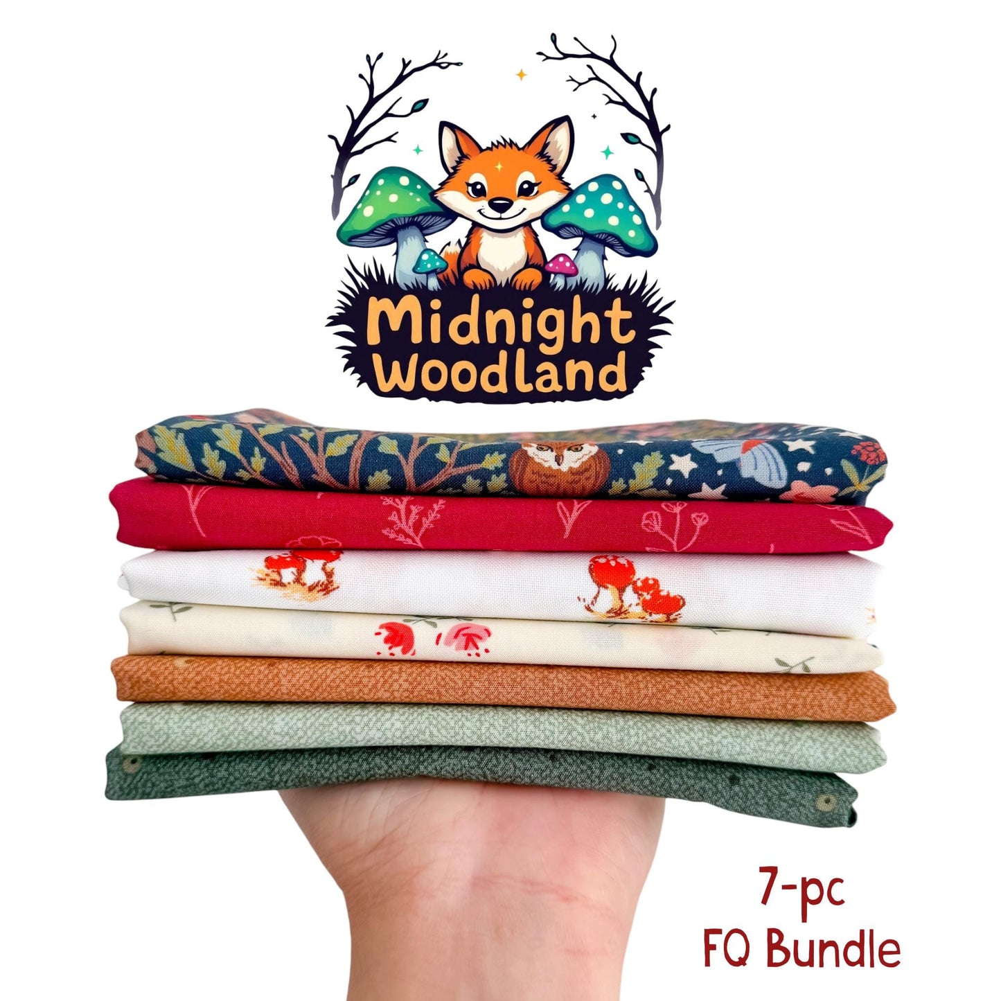 Midnight Woodland Fat Quarter/Half Yard Bundle, 7 Piece Fabric Bundle, Forest Green Red Floral Mushroom Cream Quilting Cotton Bundle