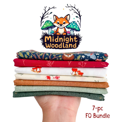 Midnight Woodland Fat Quarter/Half Yard Bundle, 7 Piece Fabric Bundle, Forest Green Red Floral Mushroom Cream Quilting Cotton Bundle