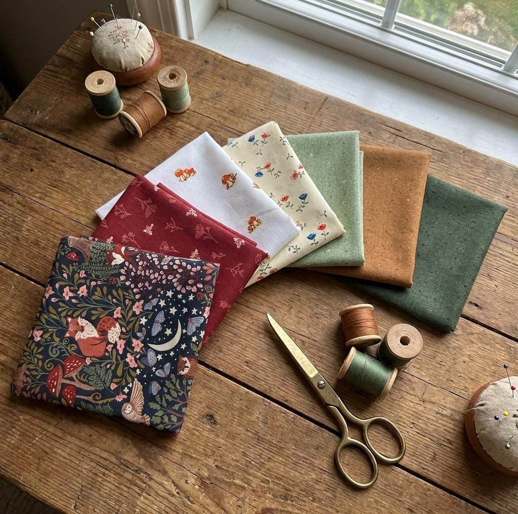 Midnight Woodland Fat Quarter/Half Yard Bundle, 7 Piece Fabric Bundle, Forest Green Red Floral Mushroom Cream Quilting Cotton Bundle
