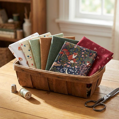 Midnight Woodland Fat Quarter/Half Yard Bundle, 7 Piece Fabric Bundle, Forest Green Red Floral Mushroom Cream Quilting Cotton Bundle