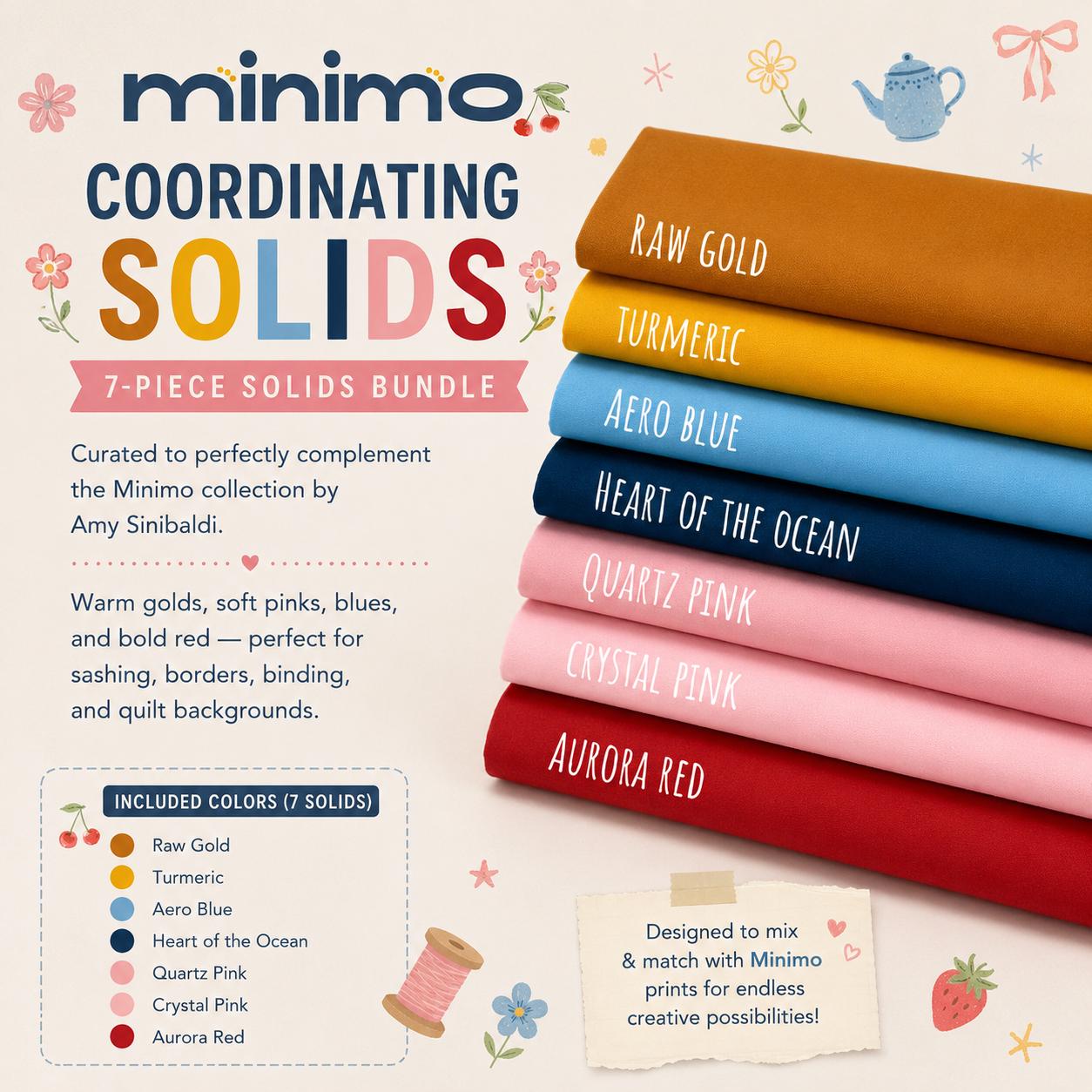 Minimo Coordinating AGF Pure Solids Bundle | 7 Piece Cotton Fabric Set | Fat Quarter or Half Yard Quilt Coordinates
