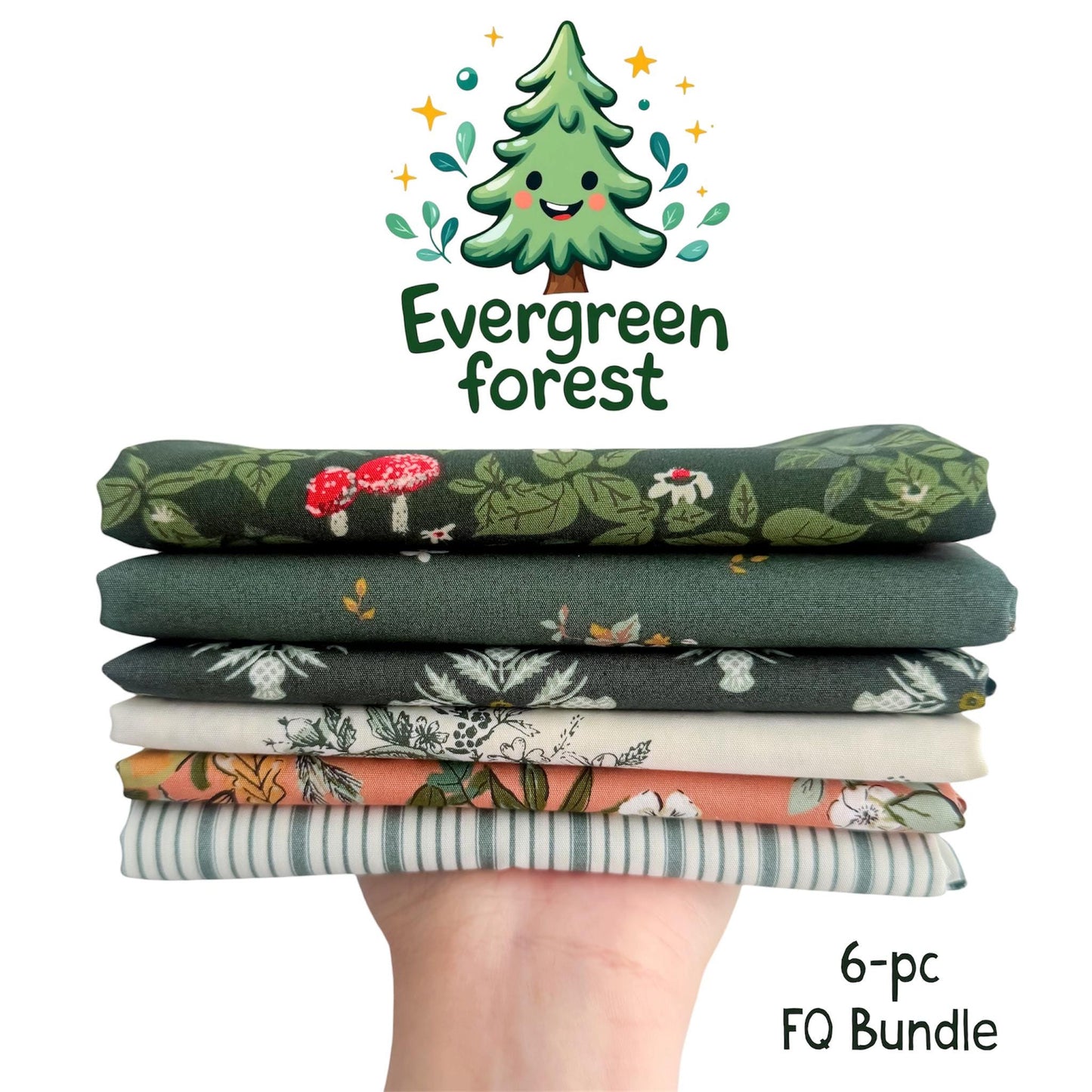 Green Fabric Bundle, Fat Quarter Bundle, Woodland Fabric Set , 6-Piece Evergreen Quilt Fabric, Cottagecore Fabric Bundle
