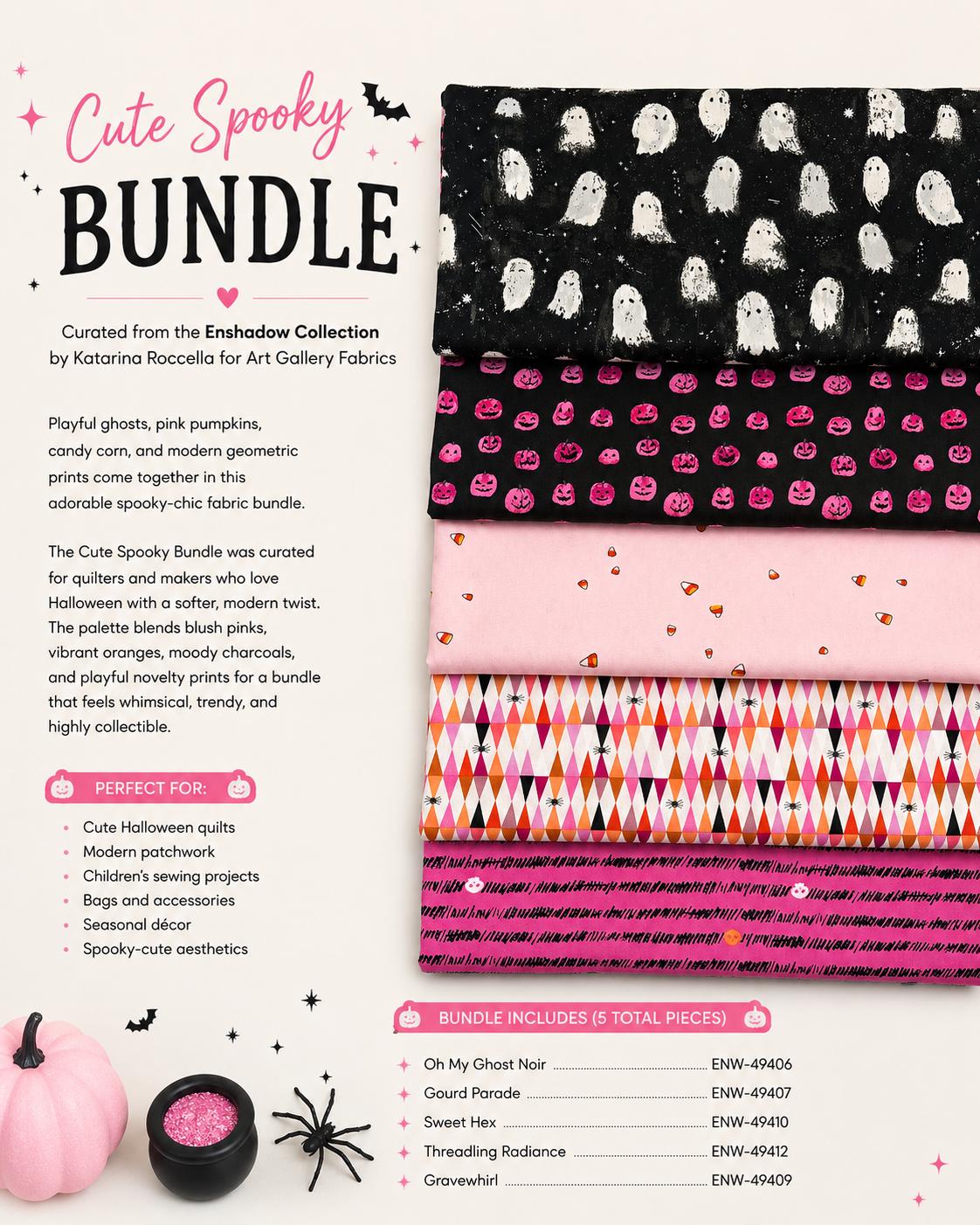 Cute Spooky Enshadow Fabric Bundle | 5pc Fat Quarter Bundle | Pink Halloween AGF Fabric Bundle