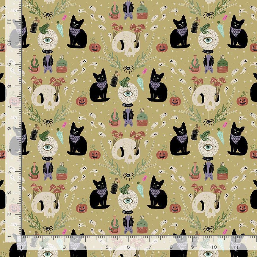 If You Got It Haunt It Fabric by Dear Stella | Love At First Bite Halloween Cotton Fabric | Black Cat Ghost Skull Fabric | STELLA D3485 HEMP