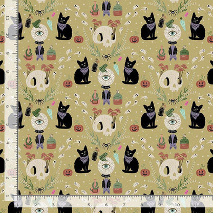 If You Got It Haunt It Fabric by Dear Stella | Love At First Bite Halloween Cotton Fabric | Black Cat Ghost Skull Fabric | STELLA D3485 HEMP