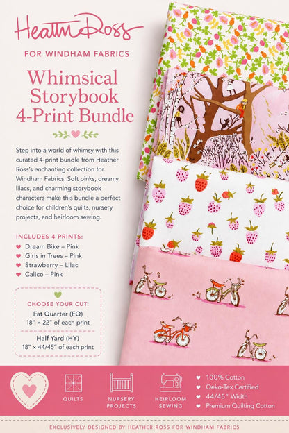Heather Ross Fabric Bundle, Whimsical Storybook 4 Print Bundle, Windham Fabrics, Fat Quarter or Half Yard Bundle, Nursery Quilt Fabric