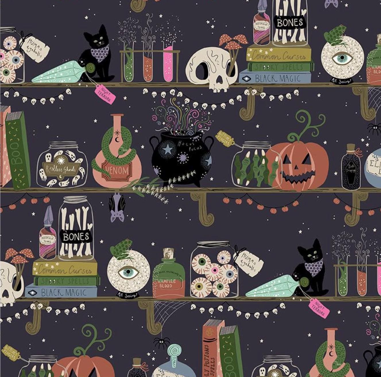 The Dark Apothecary Fabric by Dear Stella | Raven Halloween Cotton Fabric | Witchy Apothecary Shelf Fabric | STELLA D3483 RAVEN