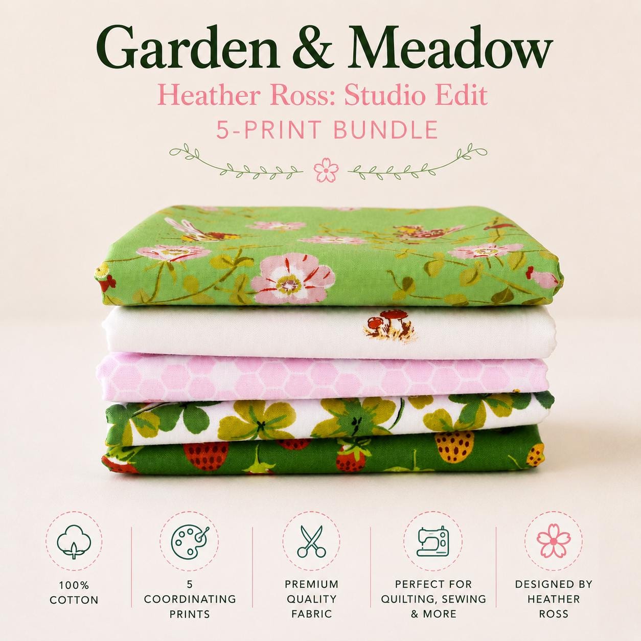 Heather Ross Garden & Meadow Fabric Bundle – Studio Edit by Windham Fabrics – Clover Strawberry Bee Mushroom Prints