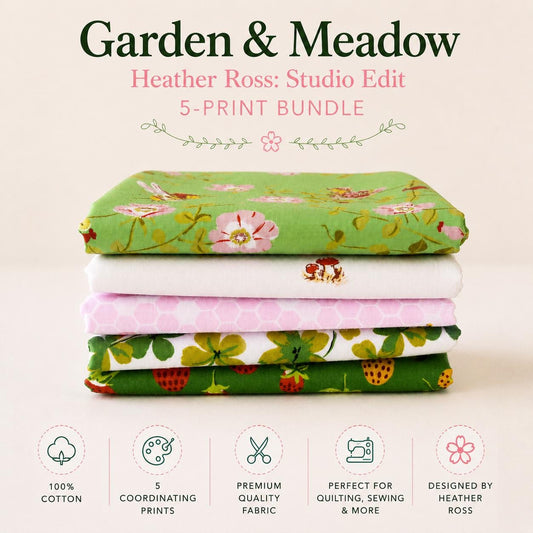 Heather Ross Garden & Meadow Fabric Bundle – Studio Edit by Windham Fabrics – Clover Strawberry Bee Mushroom Prints