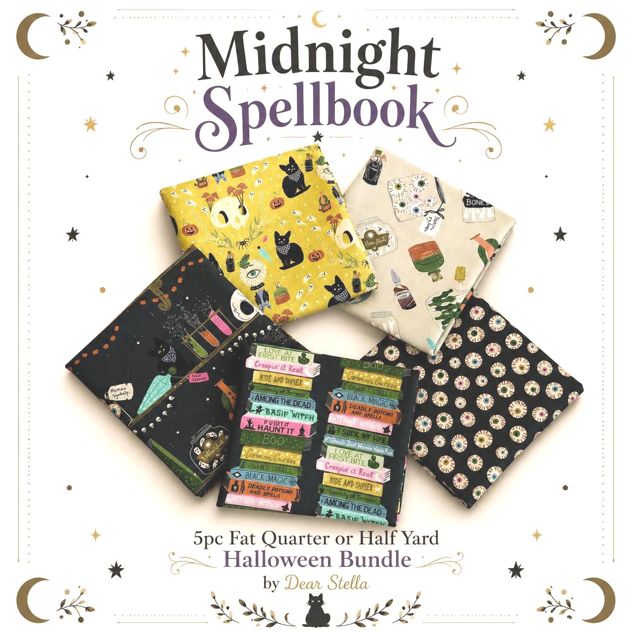 Midnight Spellbook Fabric Bundle | 5pc Fat Quarter or Half Yard Halloween Bundle | Witchy Apothecary Quilt Fabric | Dear Stella Fabrics