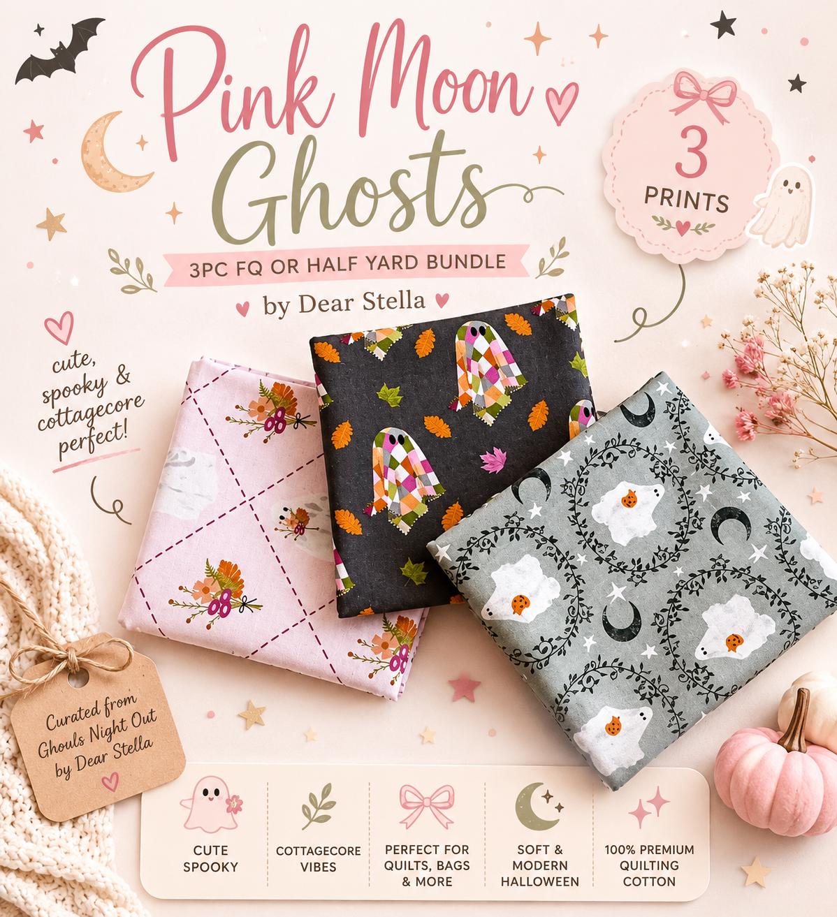 Pink Moon Ghosts Fabric Bundle | 3pc Fat Quarter or Half Yard Halloween Bundle | Cute Spooky Cottagecore | by Pammie Jane for Dear Stella