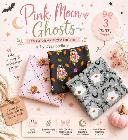 Pink Moon Ghosts Fabric Bundle | 3pc Fat Quarter or Half Yard Halloween Bundle | Cute Spooky Cottagecore | by Pammie Jane for Dear Stella