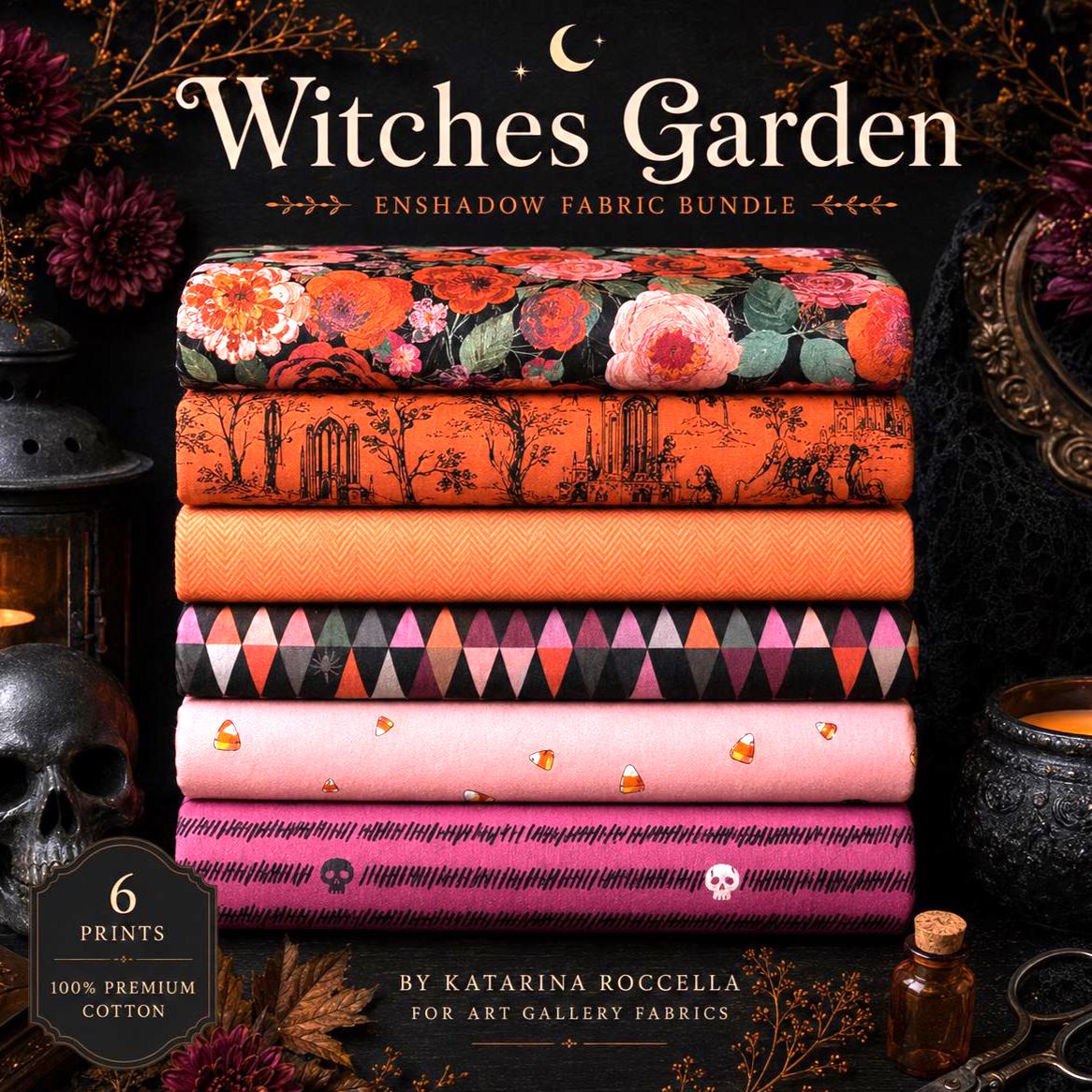 Witches Garden Fabric Bundle | 6pc Fat Quarter or Half Yard Bundle | Enshadow by Katarina Roccella for AGF, Gothic Halloween Quilting Cotton