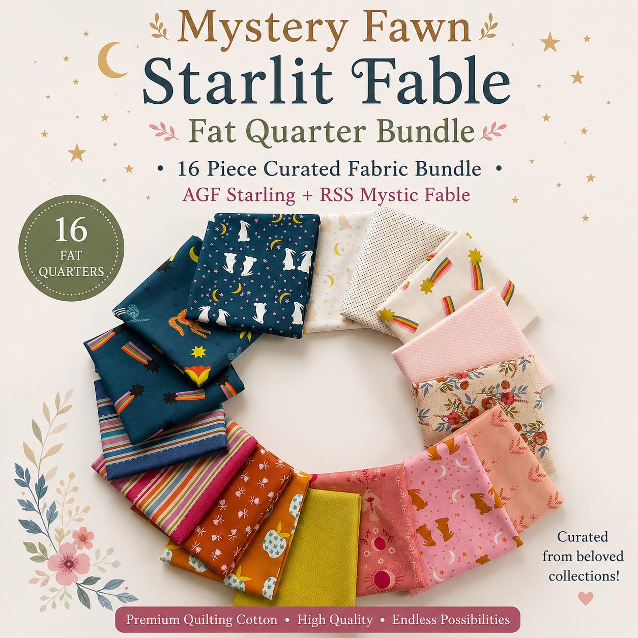 Mystery Fawn Starlit Fable Fat Quarter Bundle – 16 Piece Curated Fabric Bundle – AGF Starling + Mystic Fable Quilting Cotton