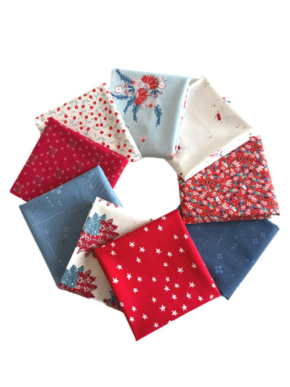 Americana Blooms Fabric Bundle | 9 Piece Fat Quarter Bundle | Red White Blue Floral Quilt Fabric | Patriotic Coordinates Bundle