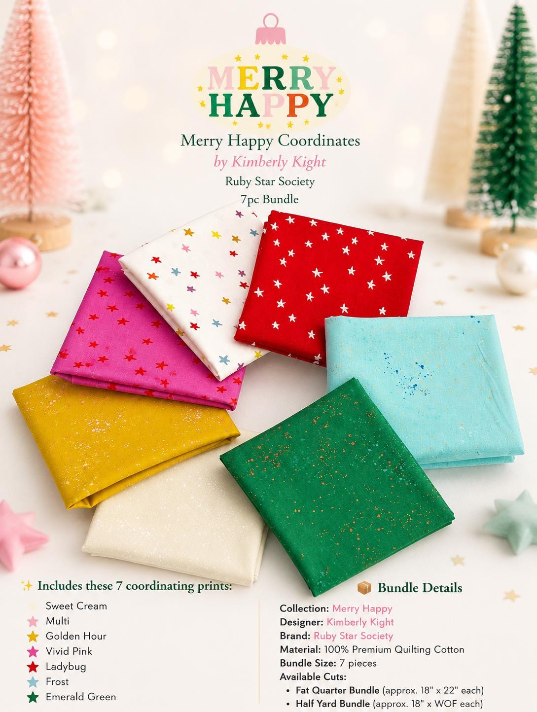 Merry Happy Coordinates Bundle | Ruby Star Society Christmas Fabric | 7pc Fat Quarter or Half Yard Bundle | Holiday Fabric