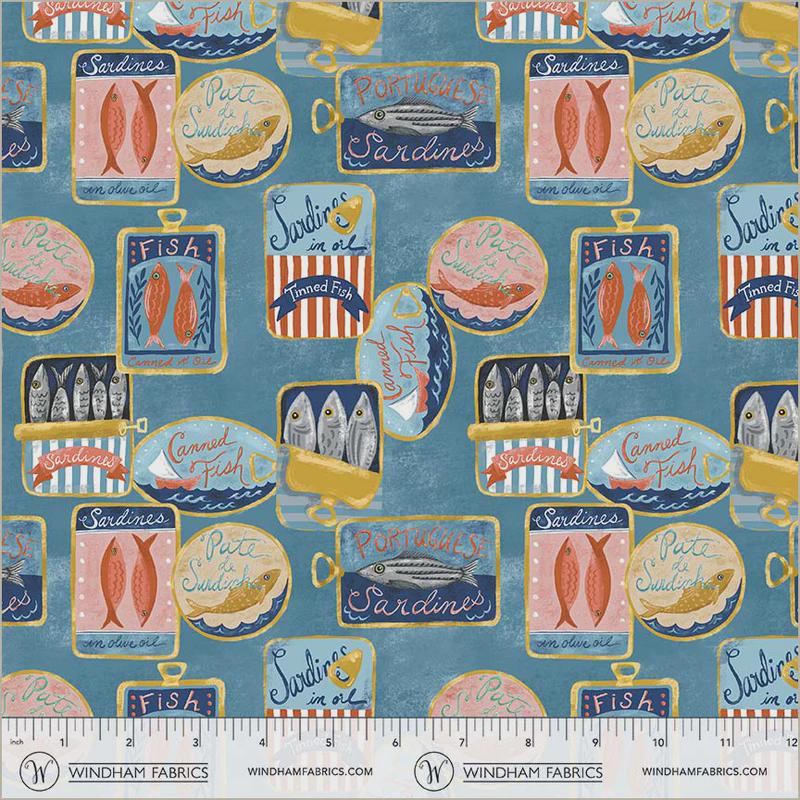 Tinned Fish Sea Blue Fabric 55224-2 | Villa Sol by Monaluna | Organic Cotton | Windham Fabrics | Sardine Tin Quilt Fabric