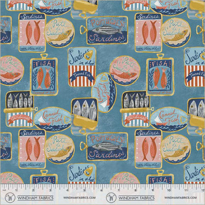 Tinned Fish Sea Blue Fabric 55224-2 | Villa Sol by Monaluna | Organic Cotton | Windham Fabrics | Sardine Tin Quilt Fabric