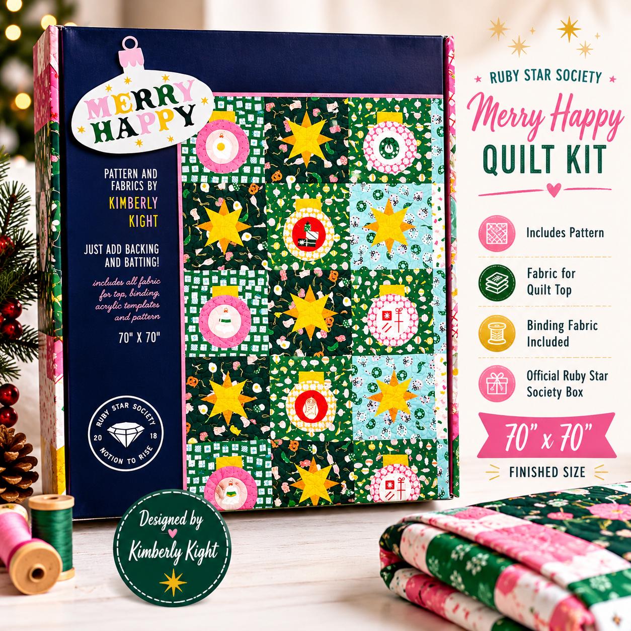 Merry Happy Ornaments Quilt Kit RS3097KIT | Ruby Star Society | Kimberly Kight | Complete Boxed Quilt Kit | 70" x 70" Christmas Quilt