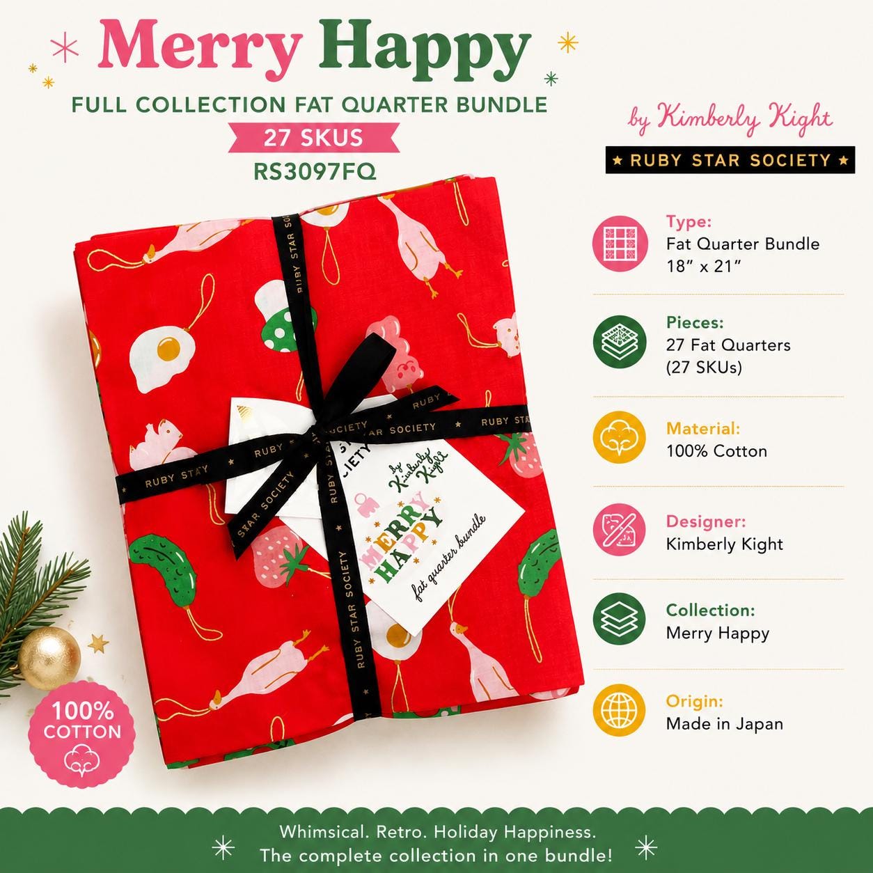 Merry Happy Full Collection Fat Quarter Bundle | Ruby Star Society Precut RS3097FQ | Kimberly Kight Christmas Quilt Fabric | 27 SKU FQ Set