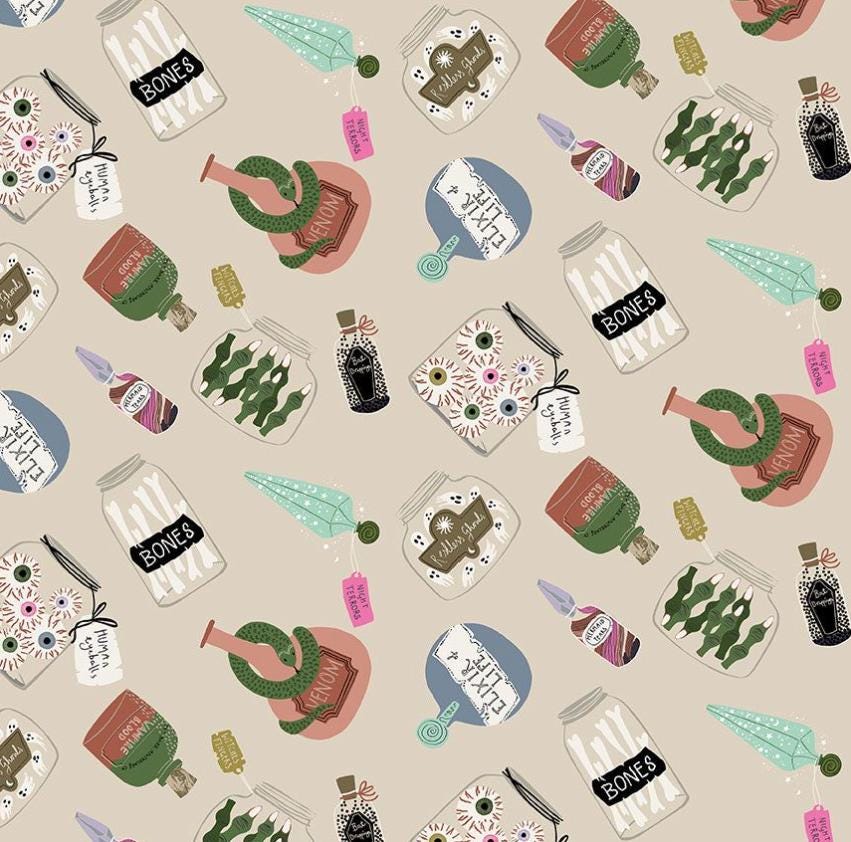 Hocus Pocus Fabric by Dear Stella | Love At First Bite Cotton Fabric | Halloween Potion Fabric | Spooky Quilting Cotton | STELLA D3478 BONE