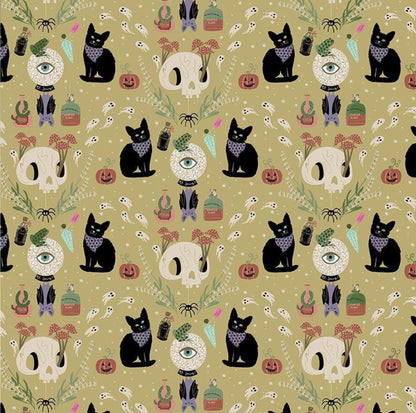If You Got It Haunt It Fabric by Dear Stella | Love At First Bite Halloween Cotton Fabric | Black Cat Ghost Skull Fabric | STELLA D3485 HEMP