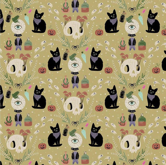 If You Got It Haunt It Fabric by Dear Stella | Love At First Bite Halloween Cotton Fabric | Black Cat Ghost Skull Fabric | STELLA D3485 HEMP