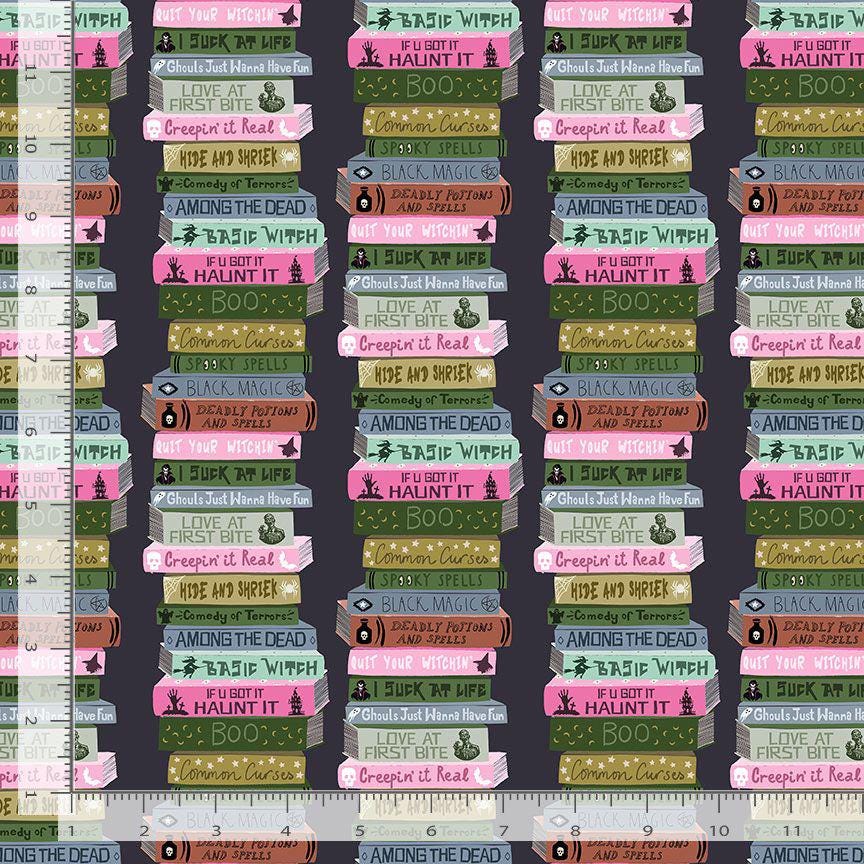 Trick Or Read Fabric by Dear Stella | Halloween Bookshelf Cotton Fabric | Love At First Bite Spooky Library Fabric | STELLA D3484 RAVEN
