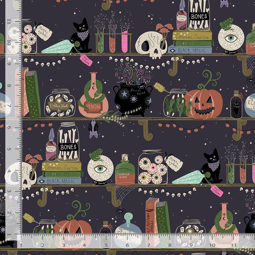 The Dark Apothecary Fabric by Dear Stella | Raven Halloween Cotton Fabric | Witchy Apothecary Shelf Fabric | STELLA D3483 RAVEN
