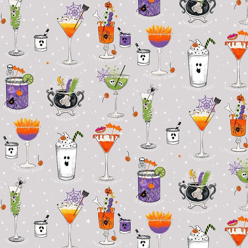 Pick Your Poison Fabric by Dear Stella | Spooky Cocktail Halloween Fabric | Pick Your Poison Cotton Fabric | STELLA D3500 FOG