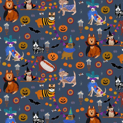 Howloween Fabric by Dear Stella | Halloween Dog Cotton Fabric | Cute Spooky Pet Fabric | Dog Costume Halloween Fabric STELLA D3521 MOONLIGHT