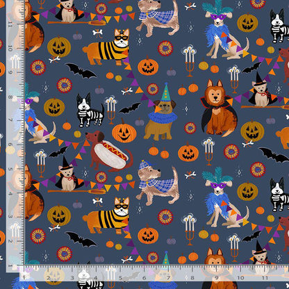 Howloween Fabric by Dear Stella | Halloween Dog Cotton Fabric | Cute Spooky Pet Fabric | Dog Costume Halloween Fabric STELLA D3521 MOONLIGHT