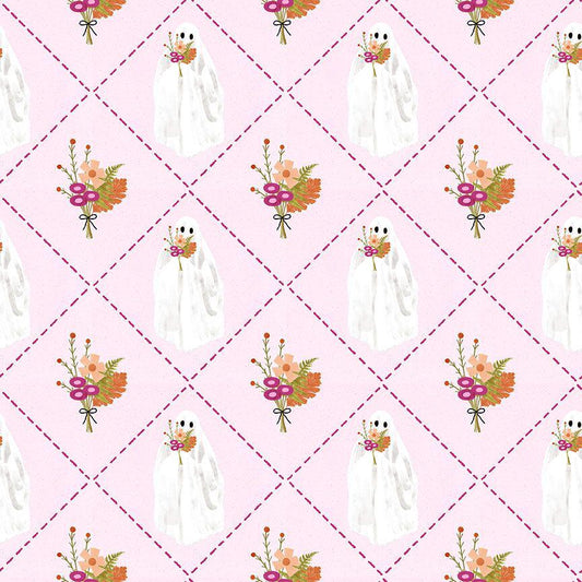 Boo-Quet Fabric by Pammie Jane for Dear Stella | Pink Ghost Halloween Fabric | Cute Spooky Floral Cotton | STELLA DPJ3388 PINK