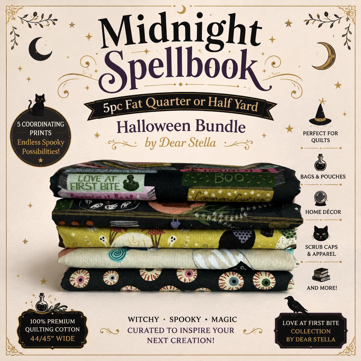 Midnight Spellbook Fabric Bundle | 5pc Fat Quarter or Half Yard Halloween Bundle | Witchy Apothecary Quilt Fabric | Dear Stella Fabrics