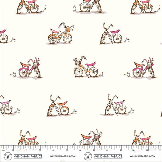 Dream Bike in White | Heather Ross Favorites | Windham Fabrics Cotton | Bicycle Fabric | Cottagecore Quilt Fabric by the Yard