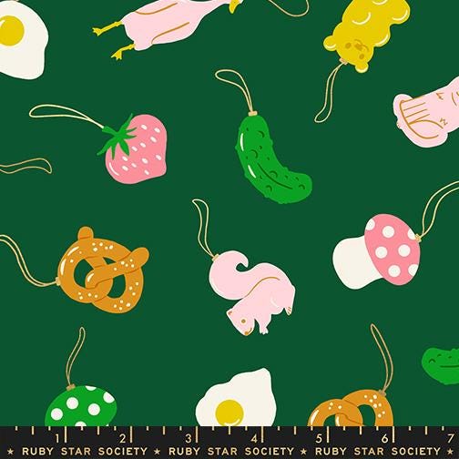 Merry Happy Metallic Jade Fabric by Kimberly Kight for Ruby Star Society | Metallic Christmas Pickle Ornament Fabric