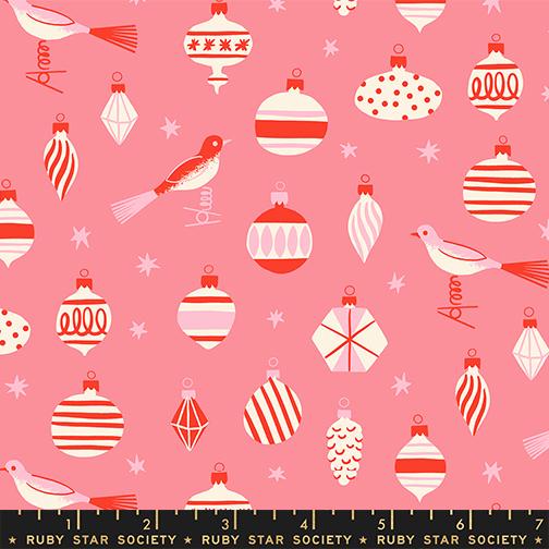 Merry Happy Sorbet Fabric by Kimberly Kight for Ruby Star Society | Pink Christmas Ornament Fabric | Retro Baubles Holiday Quilting Cotton