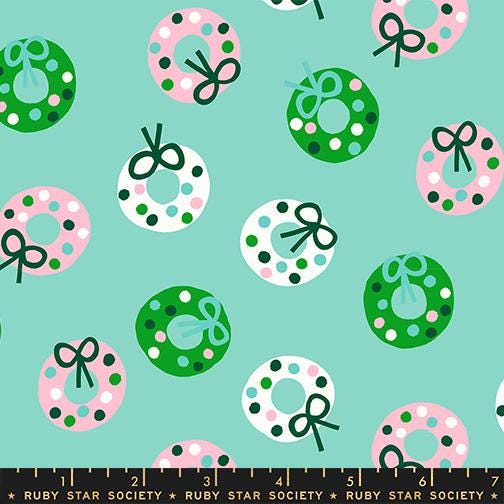 Merry Happy Frost Fabric by Kimberly Kight for Ruby Star Society | Aqua Christmas Wreath Fabric | Holiday Quilting Cotton by the Yard