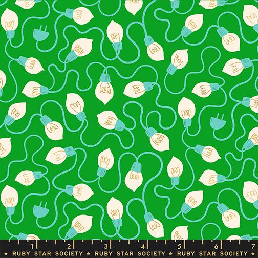 Merry Happy Metallic Verdant Fabric by Kimberly Kight for Ruby Star Society | Metallic Christmas Lights Fabric | Green Holiday Cotton