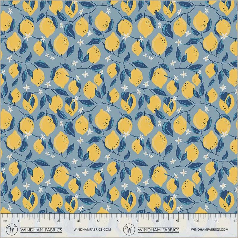 Lemons Sea Blue Fabric 55229-2 | Villa Sol by Monaluna | Organic Cotton | Windham Fabrics | Lemon Quilt Fabric