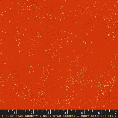 Speckled Metallic Warm Red RS5027-35M Fabric | Ruby Star Society Speckled Metallic | Bright Red Orange Gold Metallic Blender Fabric