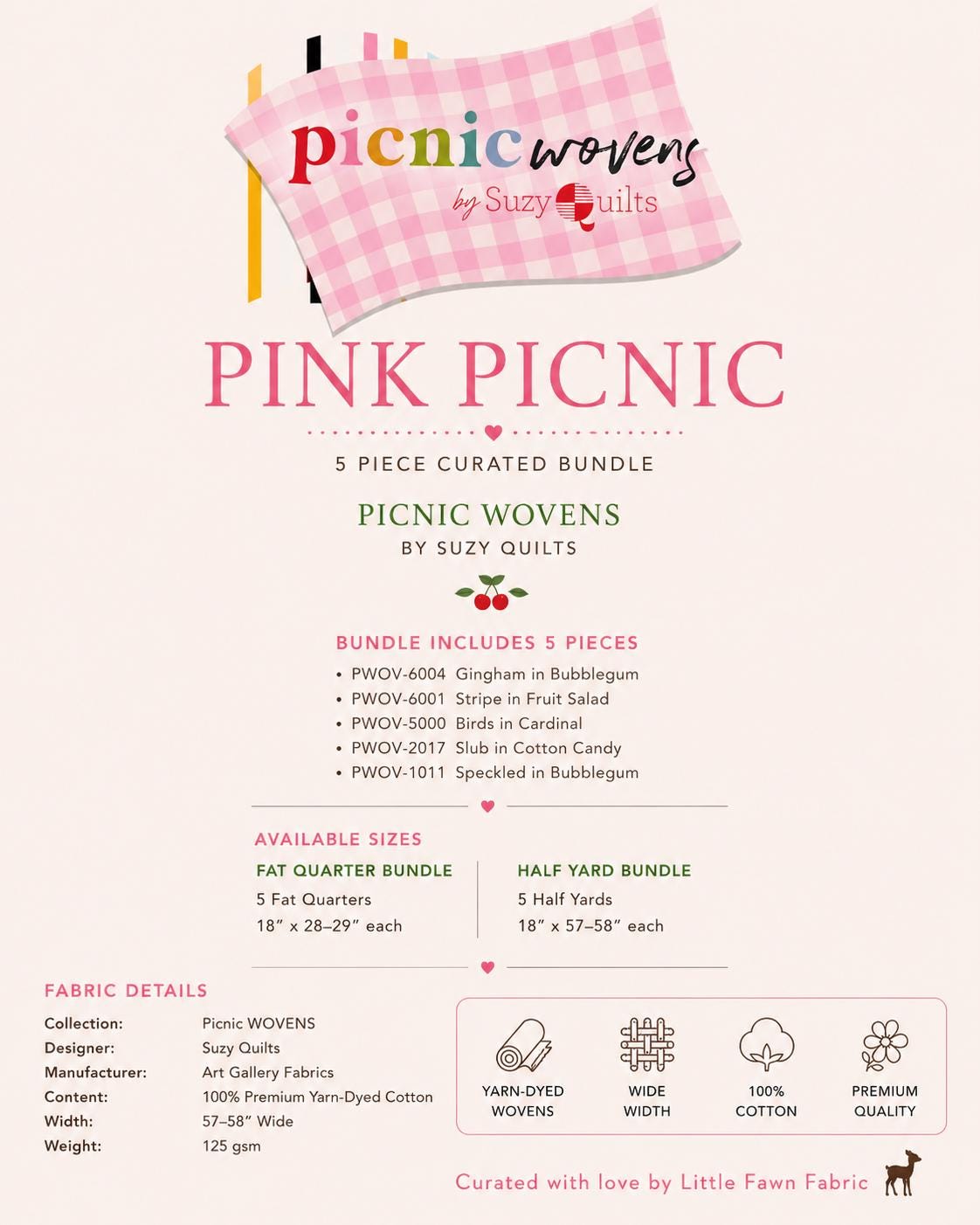 Pink Picnic Bundle | 5 Fat Quarters or Half Yards | Suzy Quilts Picnic WOVENS | Pink Fabric Bundle